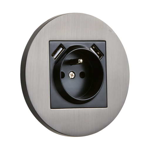 Gniazdo French + 2 x USB okrągłe metalowe grafit szczotkowany Togglica Round