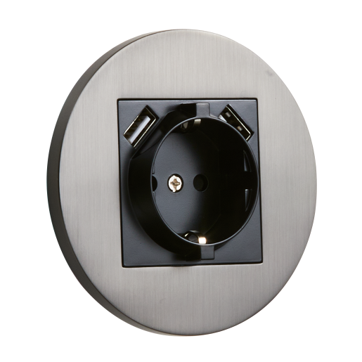 Gniazdo Schuko + 2 x USB okrągłe metalowe grafit szczotkowany Togglica Round