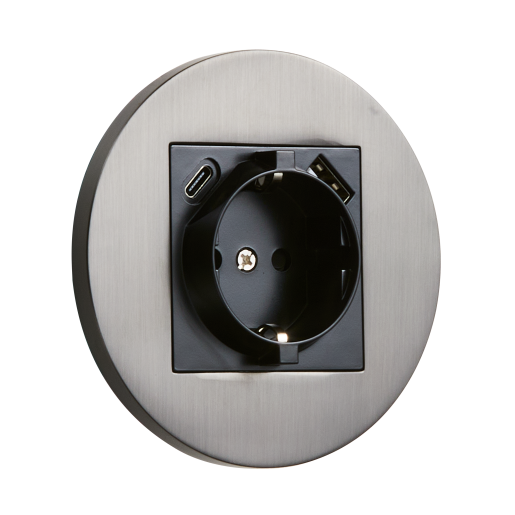 Gniazdo Schuko + USB + USBC okrągłe metalowe grafit szczotkowany Togglica Round