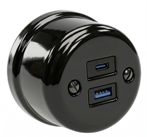 Antica ceramiczne natynkowe gniazdo USB+USB-C czarne