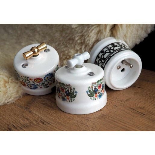 Włącznik natynkowy ceramiczny ANTICA FOLK żaluzjowy biały z czarnym zdobieniem AN.106.3/Z
