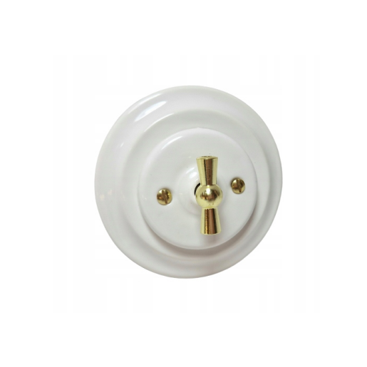 Ceramiczny podtynkowy włącznik krzyżowy biały ze złotym pokrętłem