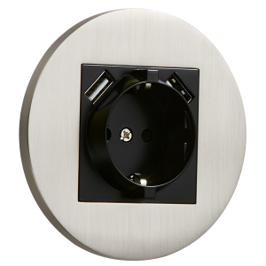 Gniazdo Schuko + 2 x USB okrągłe metalowe nikiel szczotkowany Togglica Round