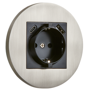 Gniazdo Schuko + USB + USBC okrągłe metalowe nikiel szczotkowany Togglica Round