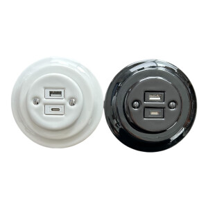 Gniazdo ceramiczne podtynkowe USB + C ANTICA białe vintage retro loft