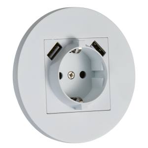 Gniazdo Schuko + 2 x USB okrągłe metalowe biały mat Togglica Round