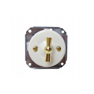 Ceramiczny podtynkowy włącznik krzyżowy biały ze złotym pokrętłem