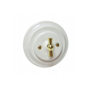 Ceramiczny podtynkowy włącznik podwójny/świecznikowy biały ze złotym pokrętłem